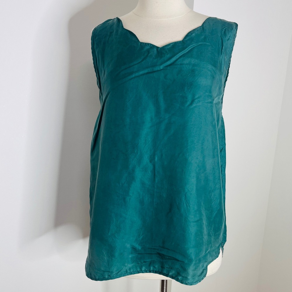 Louise Paris Teal Green 100% Silk Scalloped V-Neck Sleeveless Blouse Top Large